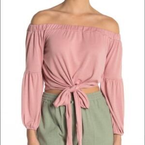 L Space Malibu Off Shoulder Tie Front Crop Top, Pink, Tie Front Size Medium, NWT